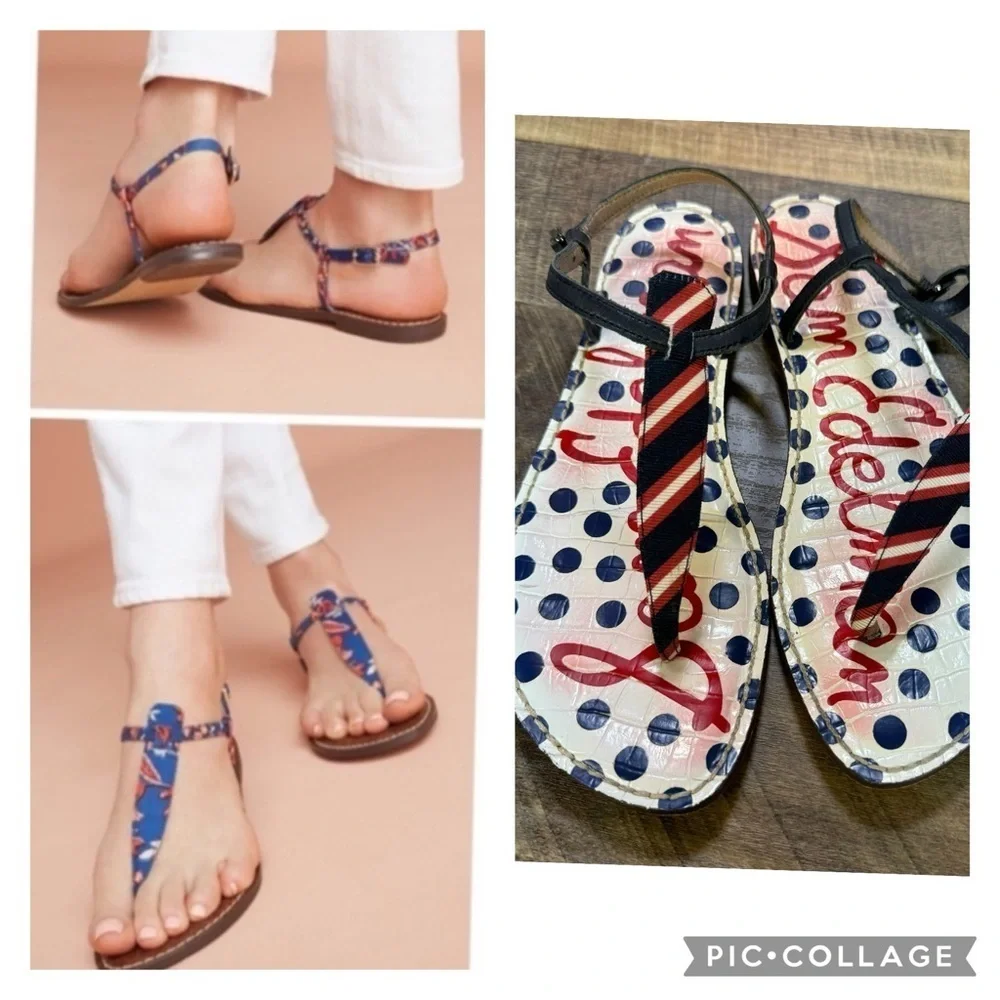 Sam Edelman Gigi Thong Sandals Beach Nautical Polka Dot Strappy Size 8.5